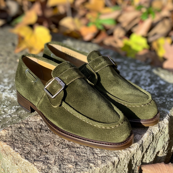 Green Suede Leather Suburb Styler Slip-On Loafers with Buckle   - Summer 2024 Collection