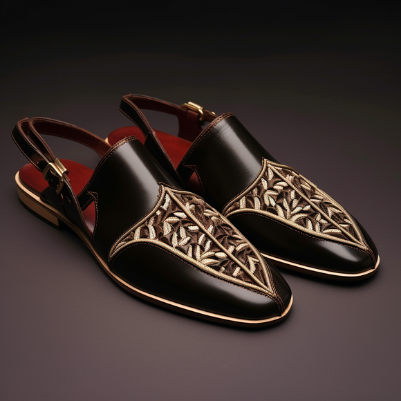 Black Leather Hand Work Zardozi Peshawari Loafers | Wedding Shoes for Groom | Shoes for Haldi Mehendi Sangeet - Wedding Essentials