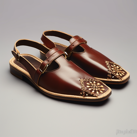 Brown Leather Hand Work Zardozi Peshawari Loafers | Wedding Shoes for Groom | Shoes for Haldi Mehendi Sangeet - Wedding Essentials