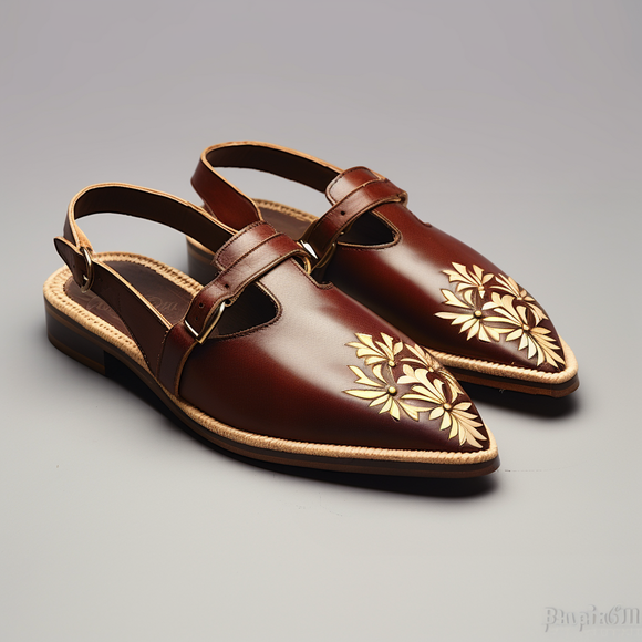Brown Velvet Embroidery Work Peshawari Loafers | Wedding Shoes for Groom | Shoes for Haldi Mehendi Sangeet