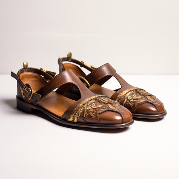 Brown Leather Hand Work Zardozi Peshawari Loafers | Wedding Shoes for Groom | Shoes for Haldi Mehendi Sangeet