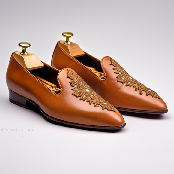 Tan Leather Embroidery Work Peshawari Loafers | Wedding Shoes for Groom | Shoes for Haldi Mehendi Sangeet