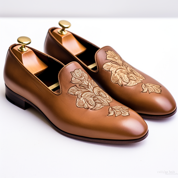 Tan Leather Embroidery Work Peshawari Loafers | Wedding Shoes for Groom | Shoes for Haldi Mehendi Sangeet