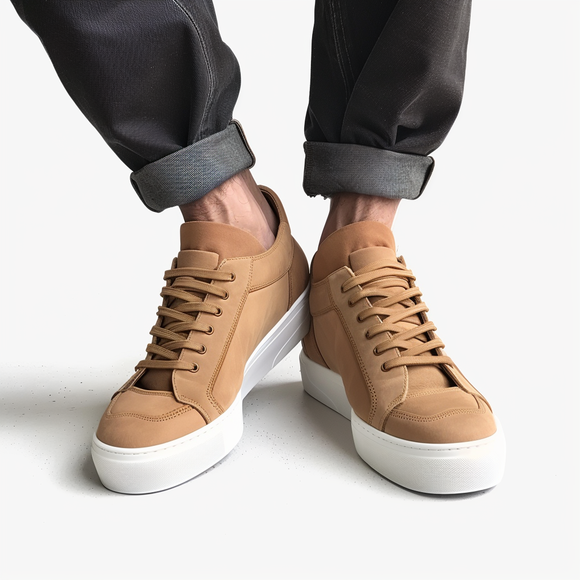 Tan Leather Pure Plush Lace Up Sneakers  with White Sole - Summer 2024 Collection