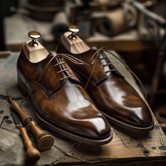 Brown Leather Rustic Radiance Pointed Toe Cap Lace-Up Oxford Shoe - Summer 2024 Collection
