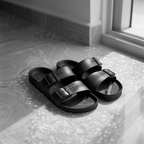 Artisian Made Black Italian Leather Midnight Comfort Slippers with Buckle - Summer 2024 Collection
