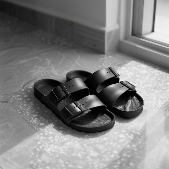 Black Leather Midnight Comfort Slippers with Buckle - Summer 2024 Collection