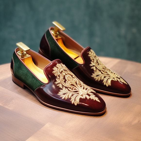 Burgundy Leather With Green Suede Embroidery Work Peshawari Loafers | Wedding Shoes for Groom | Shoes for Haldi Mehendi Sangeet