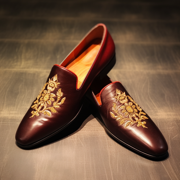 Burgundy Leather Embroidery Work Peshawari Loafers Wedding Shoes for Costoso Italiano