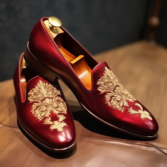 Burgundy Leather Embroidery Work Peshawari Loafers | Wedding Shoes for Groom | Shoes for Haldi Mehendi Sangeet