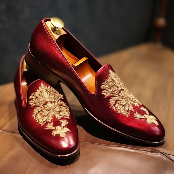 Burgundy Leather Embroidery Work Peshawari Loafers Wedding Shoes for Costoso Italiano