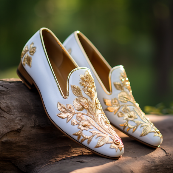White Velvet Hand Work Zardozi Leather Peshawari Loafers | Wedding Shoes for Groom | Shoes for Haldi Mehendi Sangeet