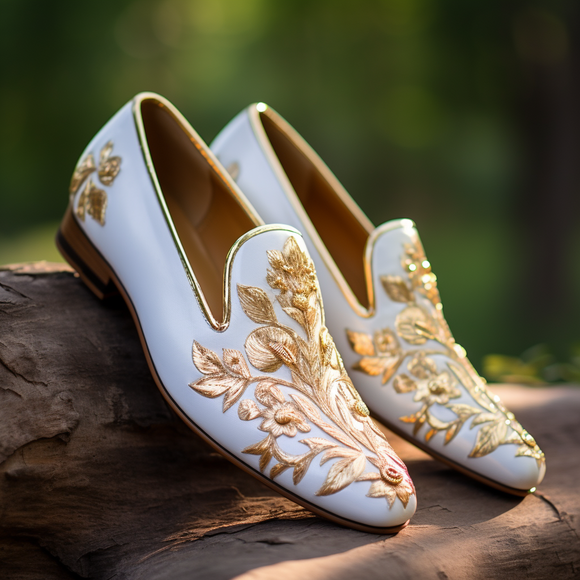 White Velvet Hand Work Zardozi Leather Peshawari Loafers Wedding Shoes for Groom Shoes for Haldi Mehendi Sangeet