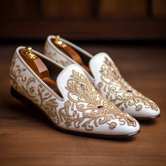 White Velvet Embroidery Work Peshawari Loafers Wedding Shoes for