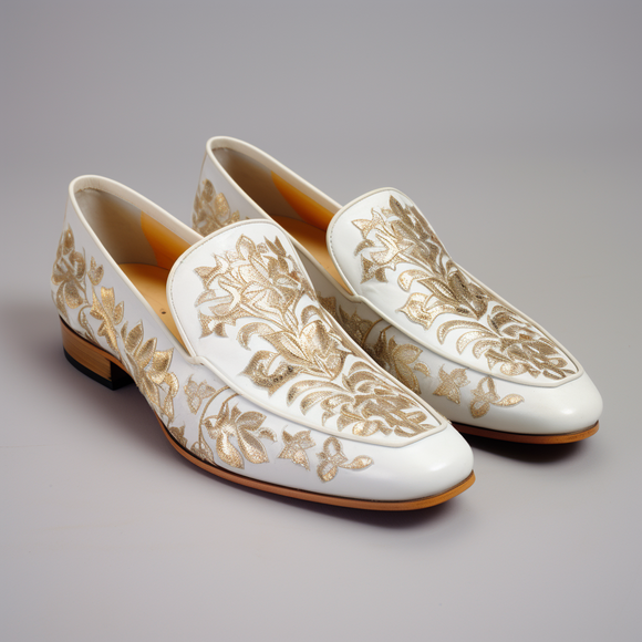 White Velvet Embroidery Work Leather Peshawari Loafers | Wedding Shoes for Groom | Shoes for Haldi Mehendi Sangeet