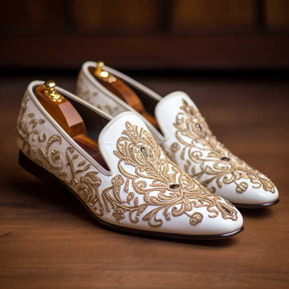 White Velvet Hand Work Zardozi White Velvet Leather Peshawari Loafers | Wedding Shoes for Groom | Shoes for Haldi Mehendi Sangeet