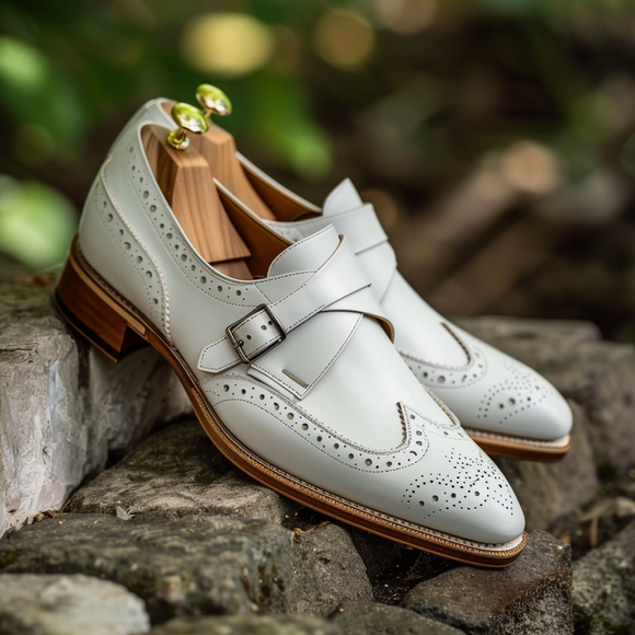 White Leather with Brogue Solemn Style Monk Straps Shoes
