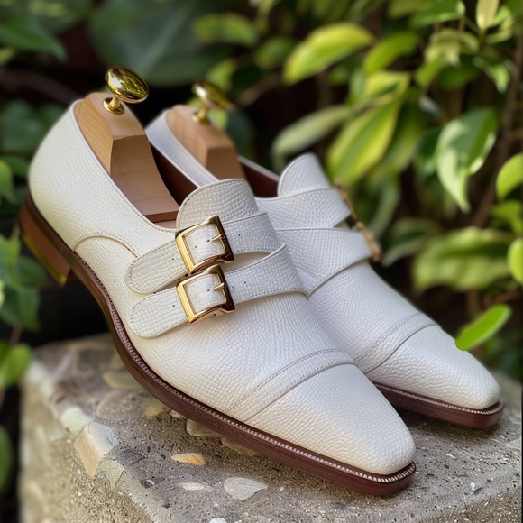 White Leather Classic Supreme  Monk Straps Shoes