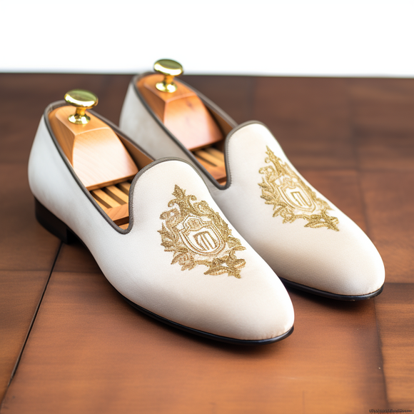 White Velvet Embroidery Work Peshawari Loafers | Wedding Shoes for Groom | Shoes for Haldi Mehendi Sangeet