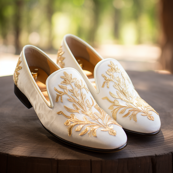 White Velvet Hand Work Zardozi Peshawari Loafers | Wedding Shoes for Groom | Shoes for Haldi Mehendi Sangeet