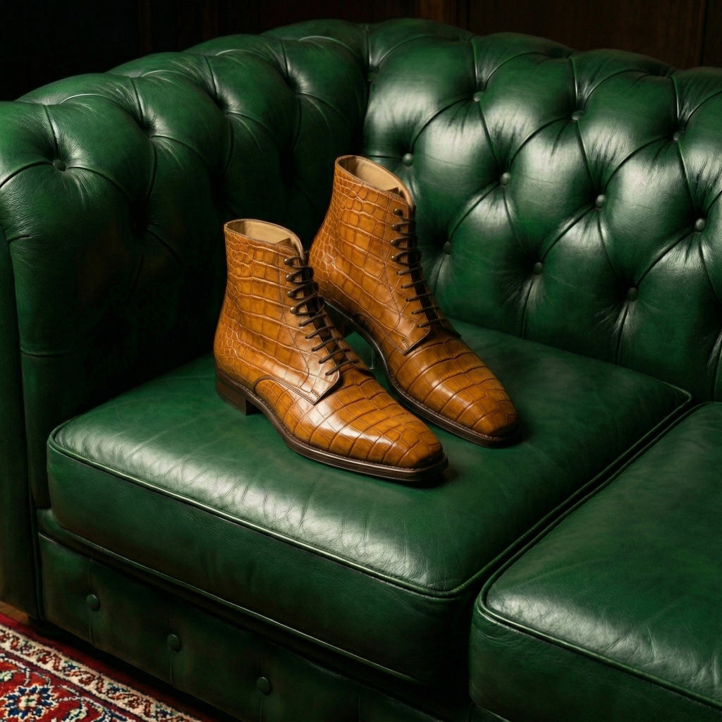 Tan Croc Print Leather Lucente Derby Boot