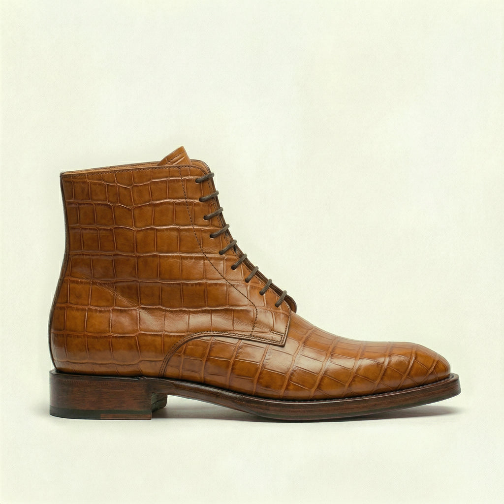 Tan Croc Print Leather Lucente Derby Boot