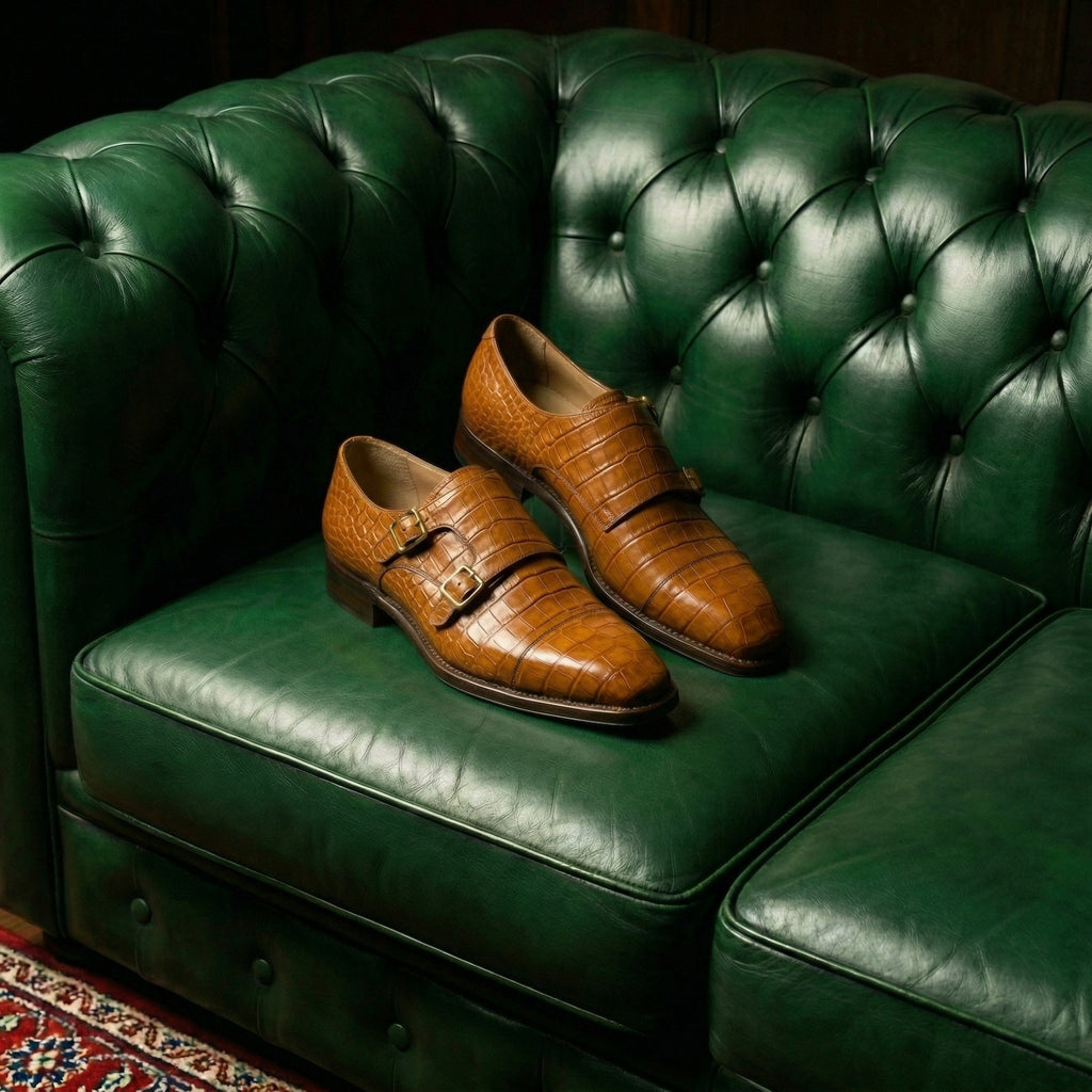 Tan Croc Print Leather Lucente Double Monk Strap Shoe