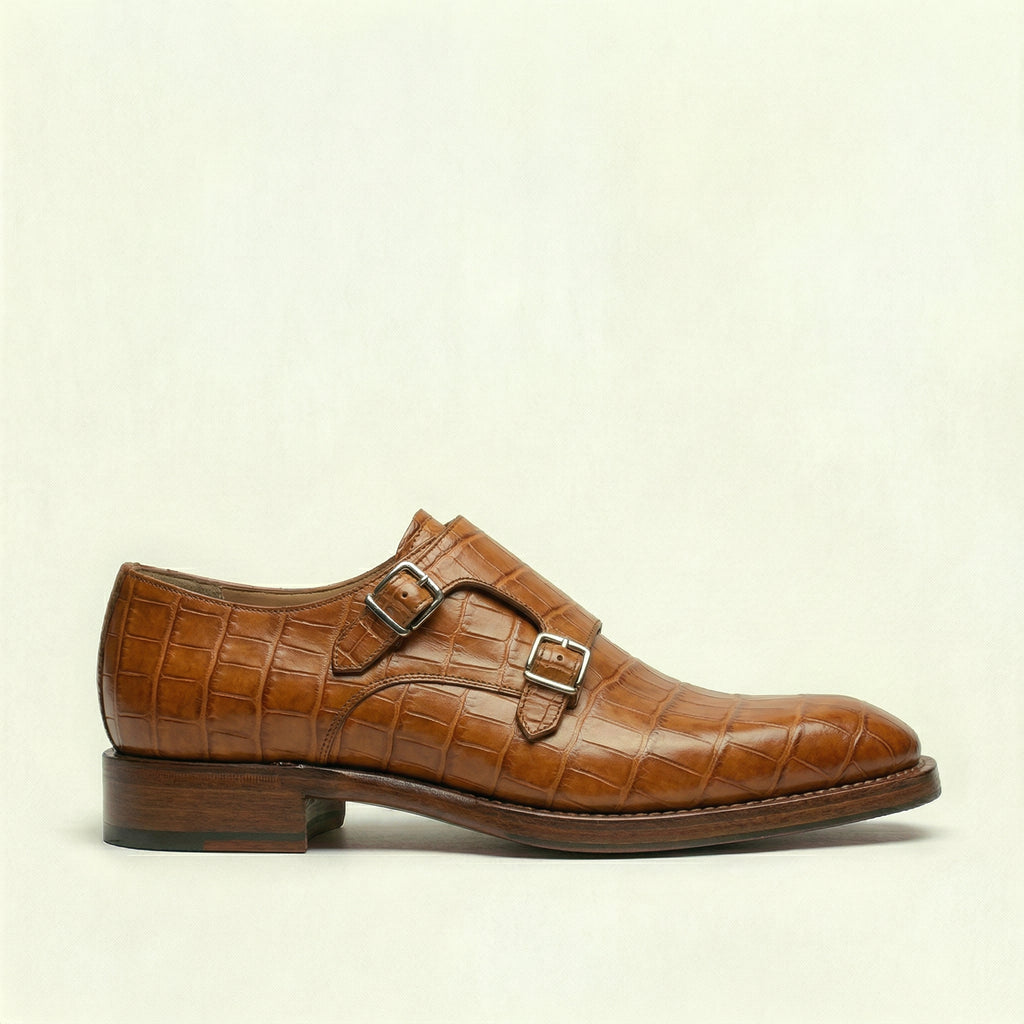 Tan Croc Print Leather Lucente Double Monk Strap Shoe