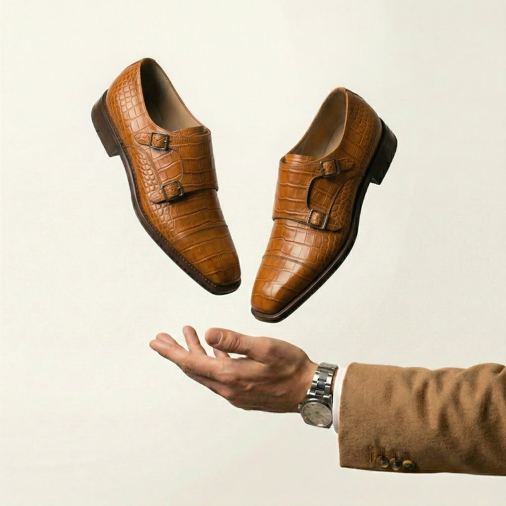 Tan Croc Print Leather Lucente Double Monk Strap Shoe