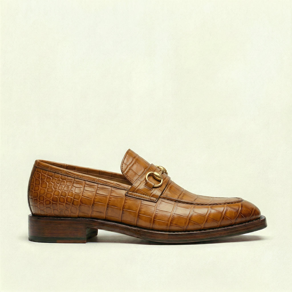 Tan Croc Print Leather Lucente Horse Bit Loafer