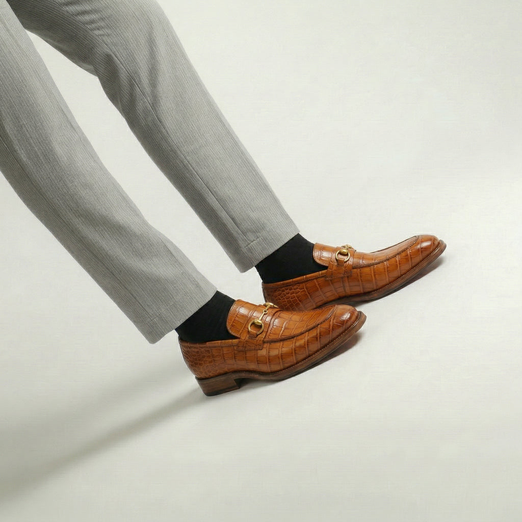 Tan Croc Print Leather Lucente Horse Bit Loafer