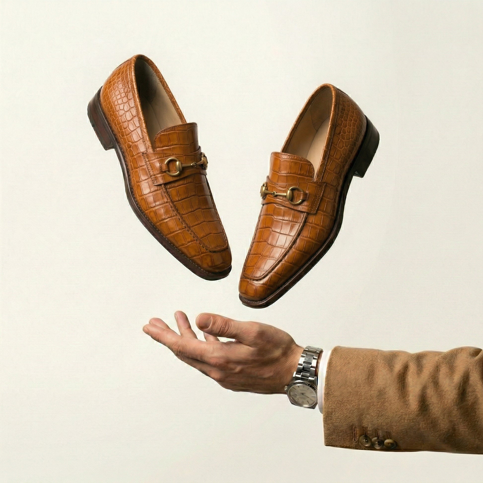 Tan Croc Print Leather Lucente Horse Bit Loafer