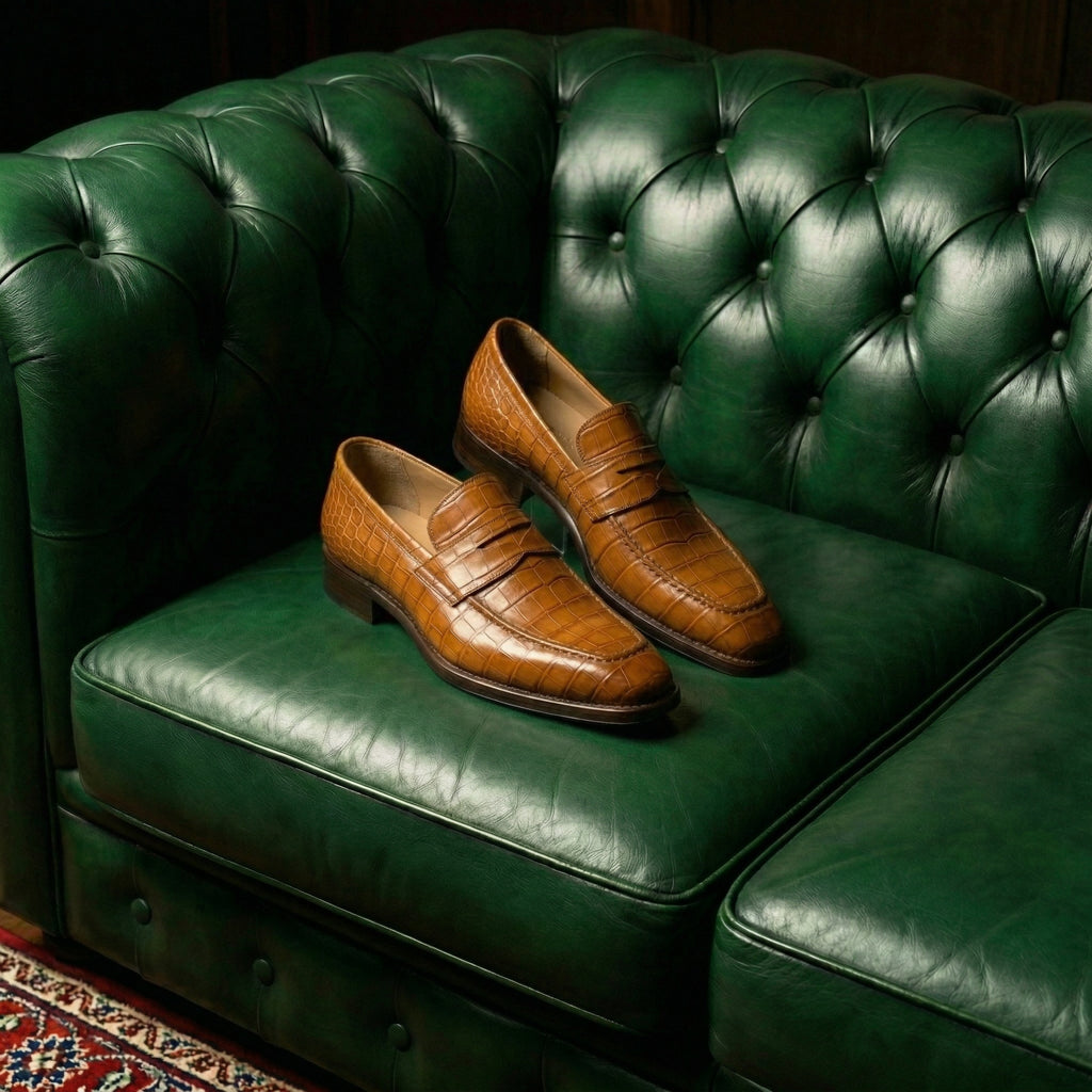 Tan Croc Print Leather Lucente Penny Loafer Shoes