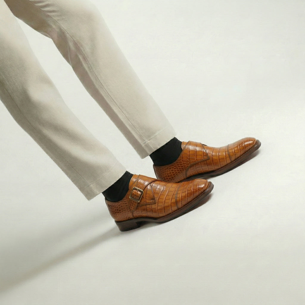 Tan Croc Print Leather Lucente Single Monk Strap Shoes