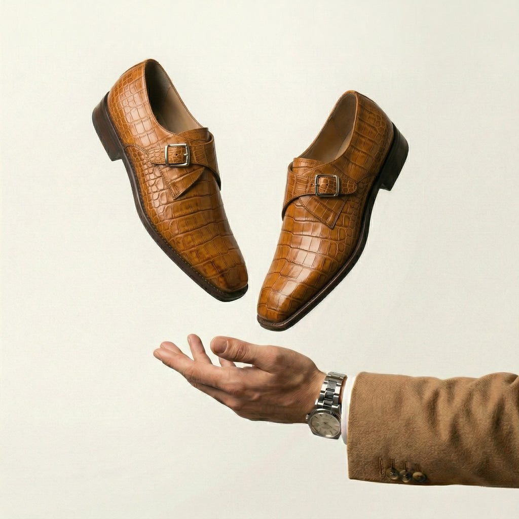 Tan Croc Print Leather Lucente Single Monk Strap Shoes