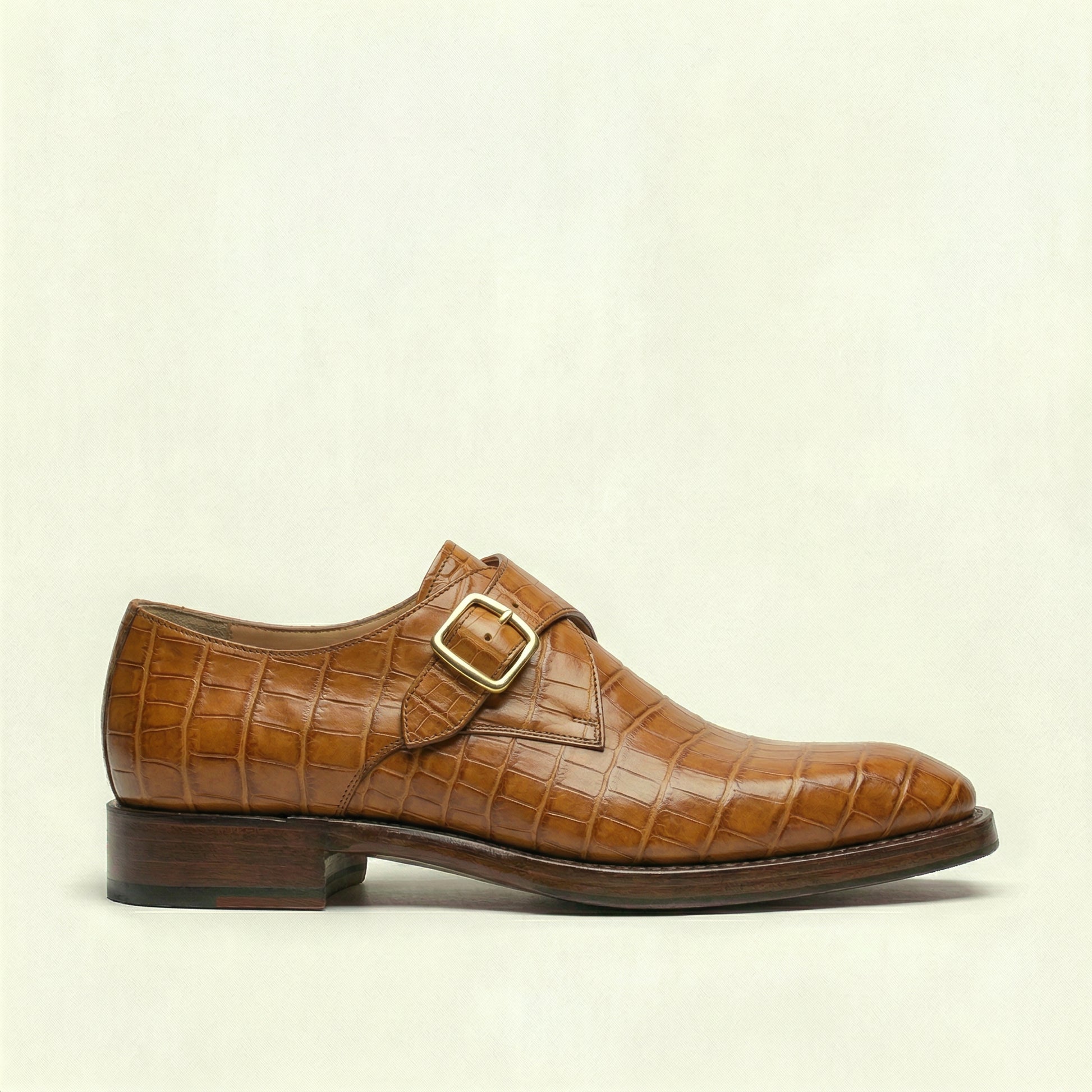Tan Croc Print Leather Lucente Single Monk Strap Shoes
