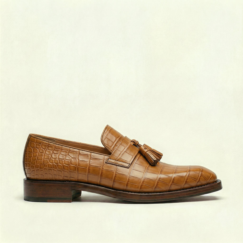 Tan Croc Print Leather Lucente Tassel Loafers