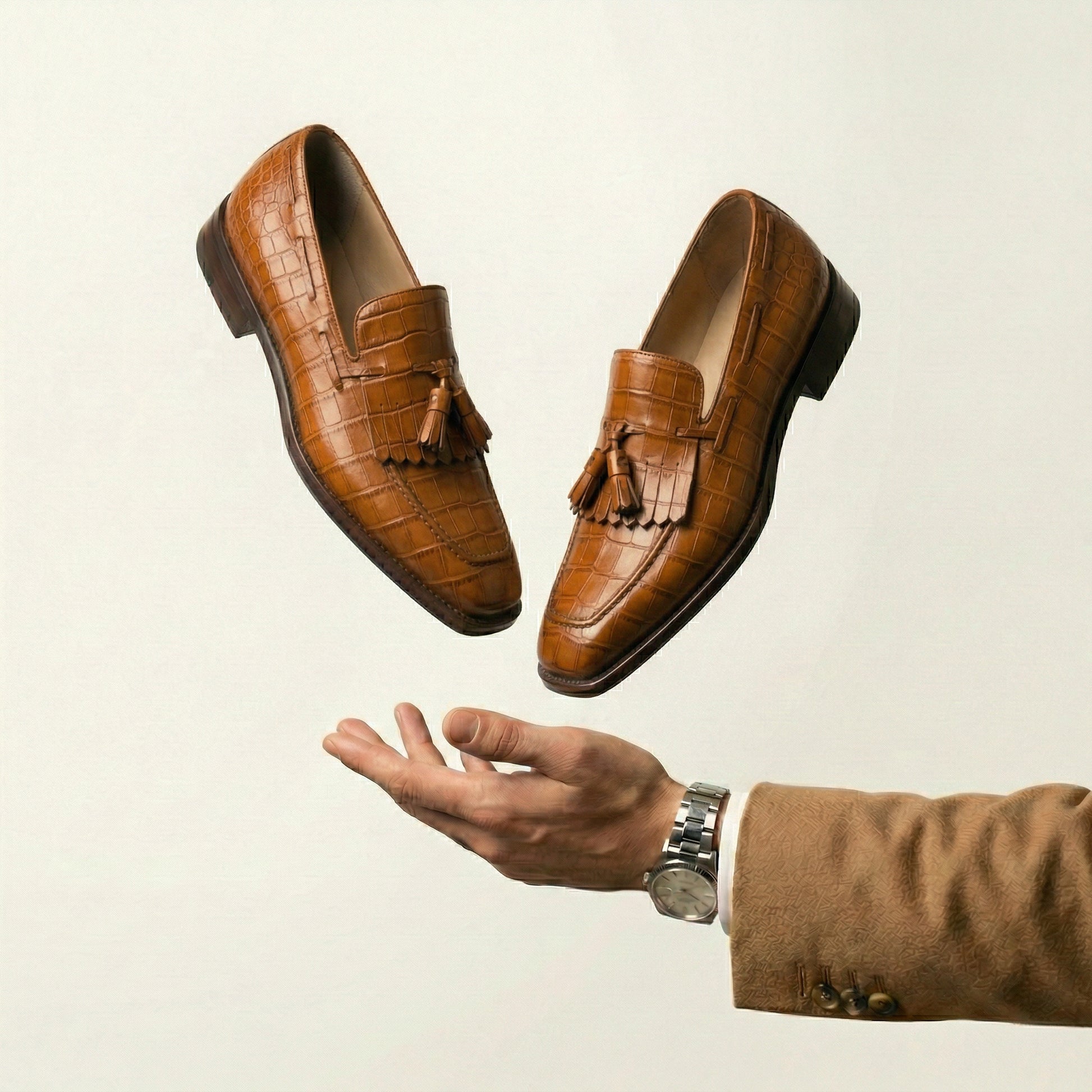Tan Croc Print Leather Lucente Tassel Loafers