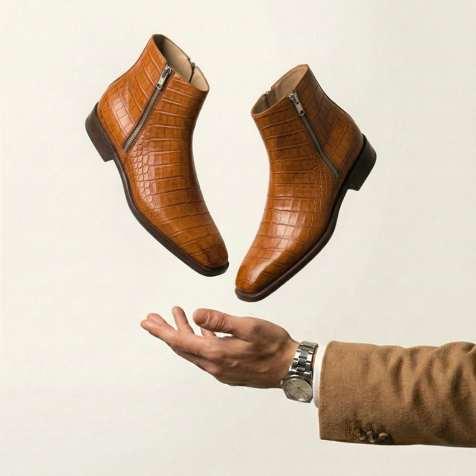 Tan Croc Print Leather Lucente Zipper Boots