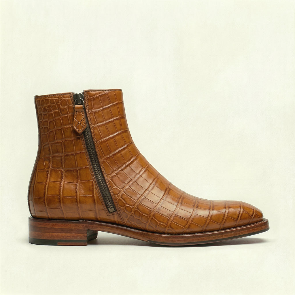 Tan Croc Print Leather Lucente Zipper Boots
