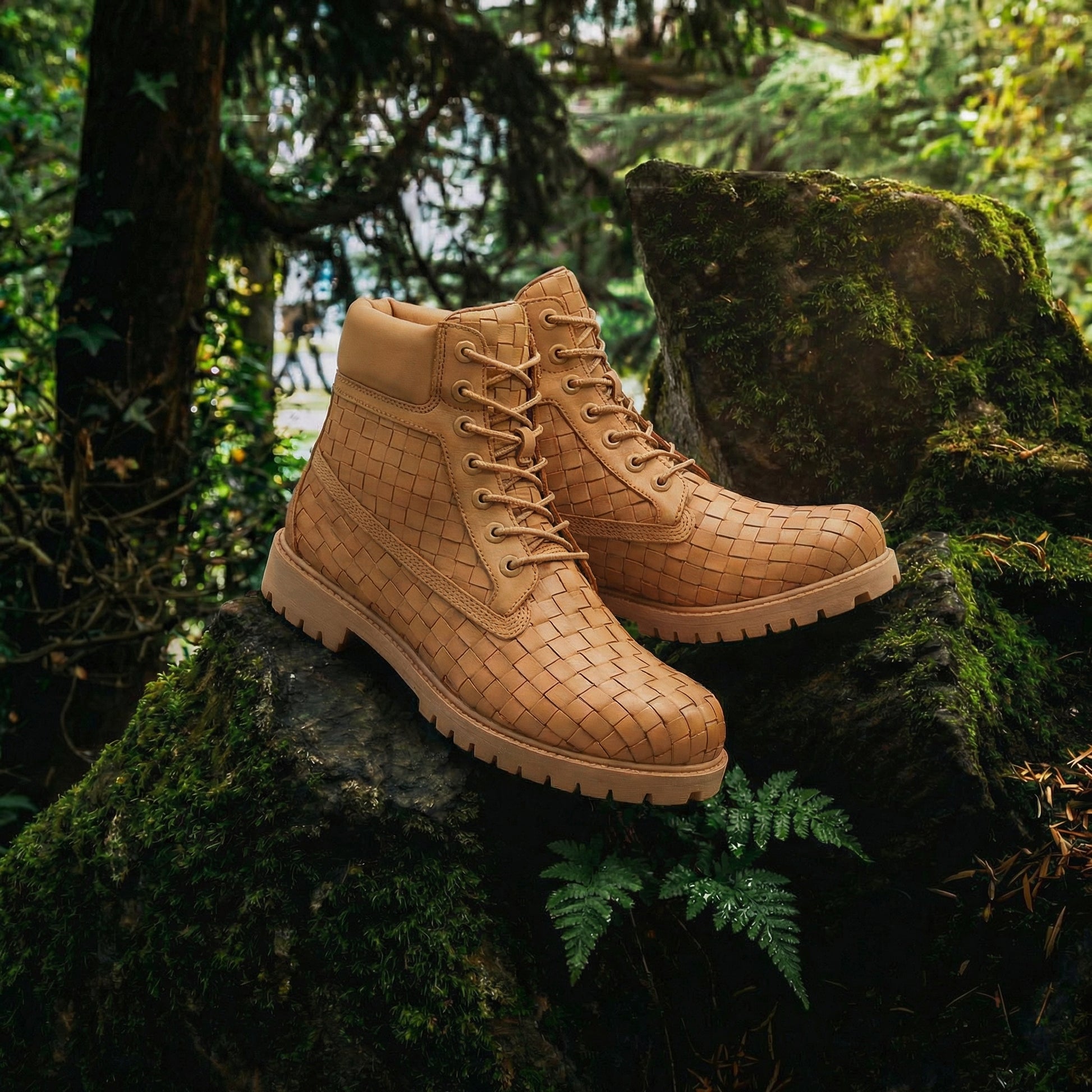 Tan braided Leather Selvaggio Ankle Lace Up Combat Hiking Boots with Chunky Track Sole