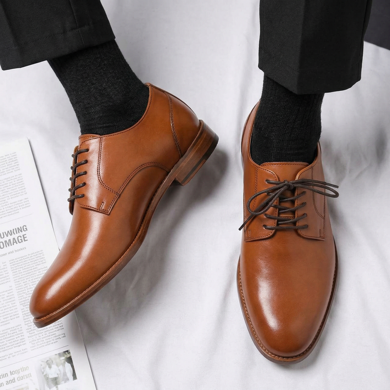 Height Increasing Tan Leather Conglet Chunky Derby Shoes