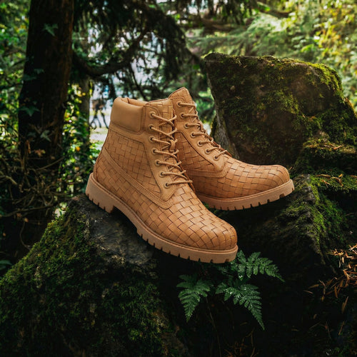 Tan braided Leather Selvaggio Ankle Lace Up Combat Hiking Boots with Chunky Track Sole