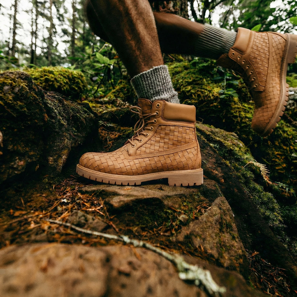 Tan braided Leather Selvaggio Ankle Lace Up Combat Hiking Boots with Chunky Track Sole