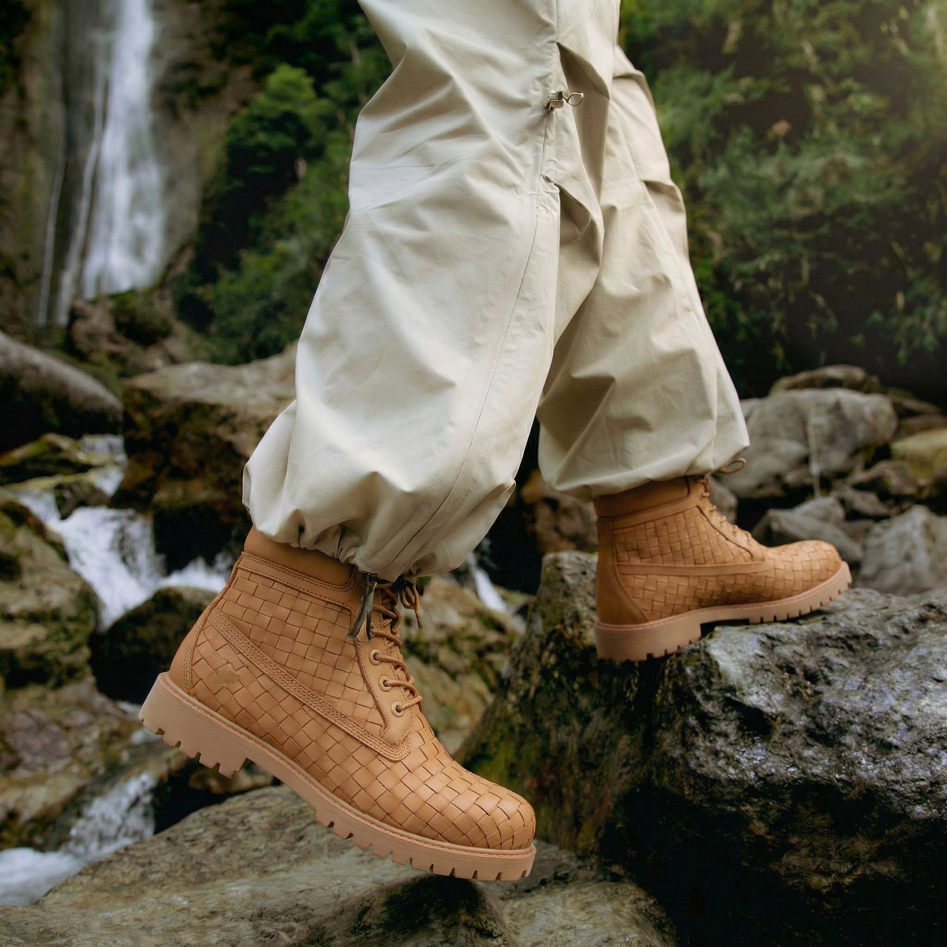 Tan braided Leather Selvaggio Ankle Lace Up Combat Hiking Boots with Chunky Track Sole