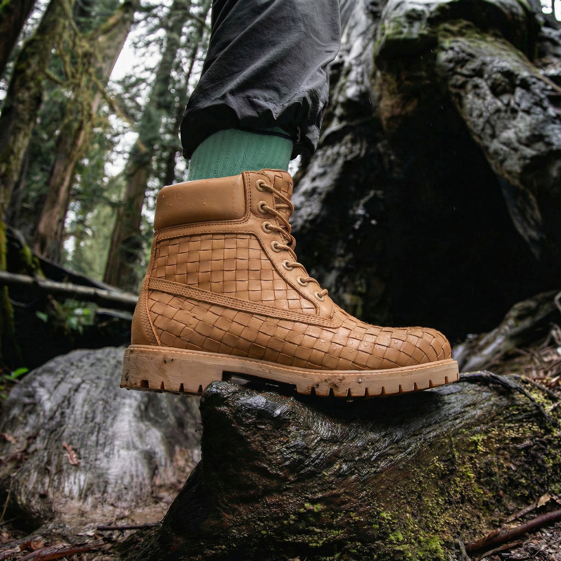 Tan braided Leather Selvaggio Ankle Lace Up Combat Hiking Boots with Chunky Track Sole