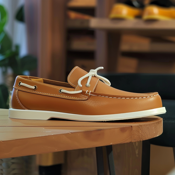 Tan Piero Boat Shoes with White Sole