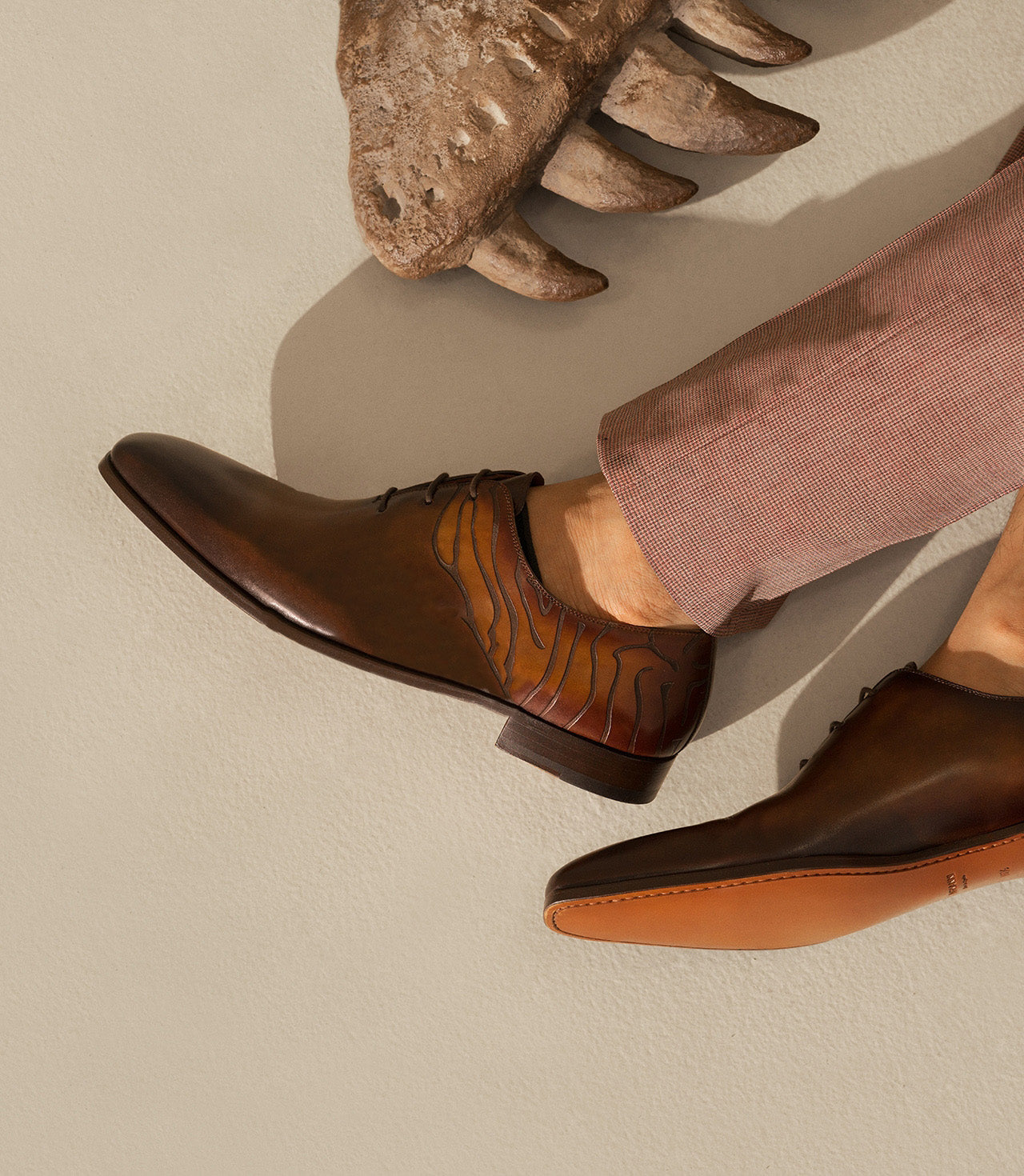 Brown and Tan Leather Dino Print Lace Up Oxfords