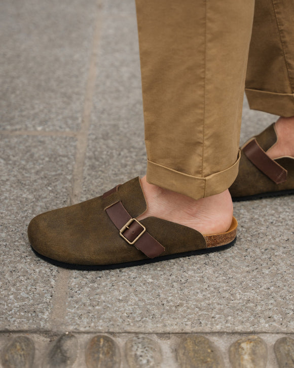 Dark Green Suede Leather Pedestal Platforms Clogs Summer 2024