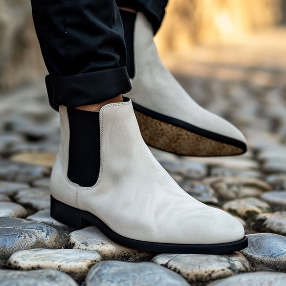 White Suede Leather Amalio Chelsea Boots